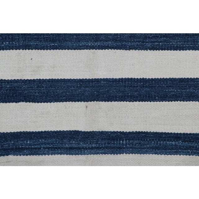 Contemporary Rug & Kilim’s Contemporary Dhurrie Rug in Navy Blue and Off-White Stripes For Sale - Image 3 of 7