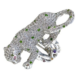 Bochic "Orient" Vintage Panthere Emerald & Sapphire Ring Set 18K White Gold & Silver For Sale