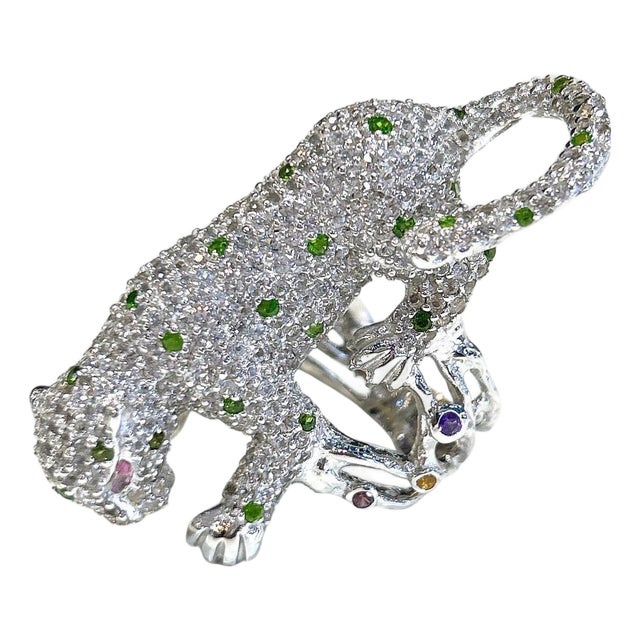 Bochic "Orient" Vintage Panthere Emerald & Sapphire Ring Set 18K White Gold & Silver For Sale