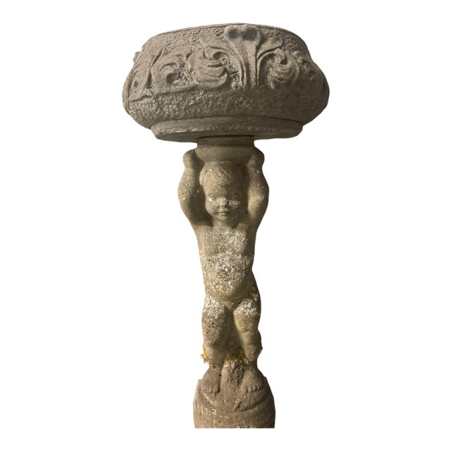Vintage Cast Stone Cherub Garden Pedestal & Planter For Sale