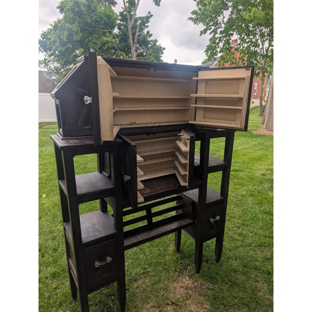 Early 20th Century Vintage Arts & Crafts Geometric Smoking Cabinet & Pipe Rack Etagere Console For Sale - Image 5 of 18