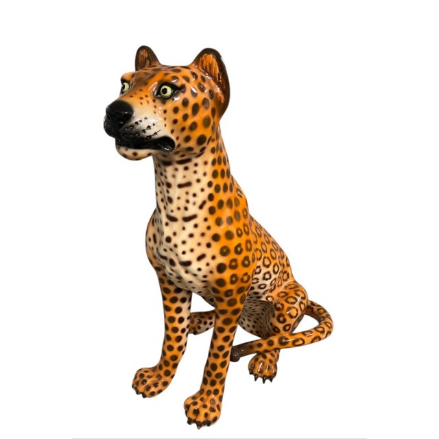 This striking, life-sized ceramic leopard statue captures the essence of mid-century Hollywood Regency and Italian ceramic...