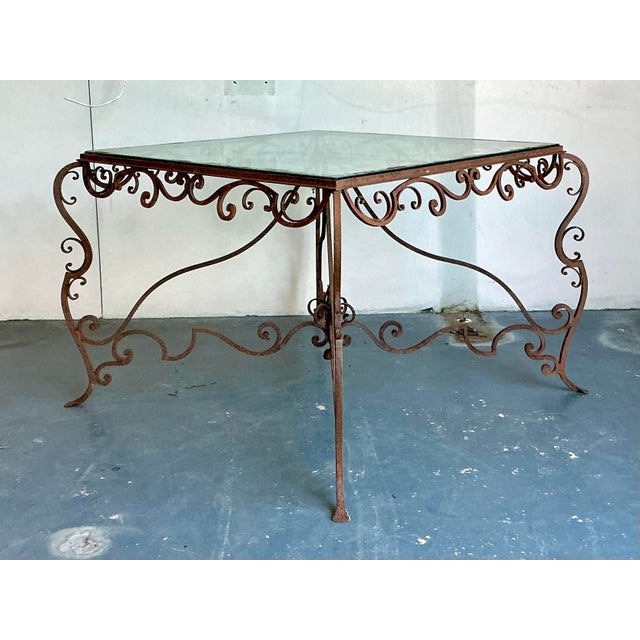 French Country Vintage Regency Distressed Wrought Iron Scroll Dining Table For Sale - Image 3 of 9