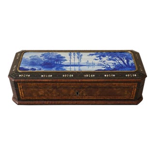 Antique Victorian Jewelry Box Blue Porcelain Landscape Inlay Mother of Pearl Marquetry Wood Trinket Casket For Sale