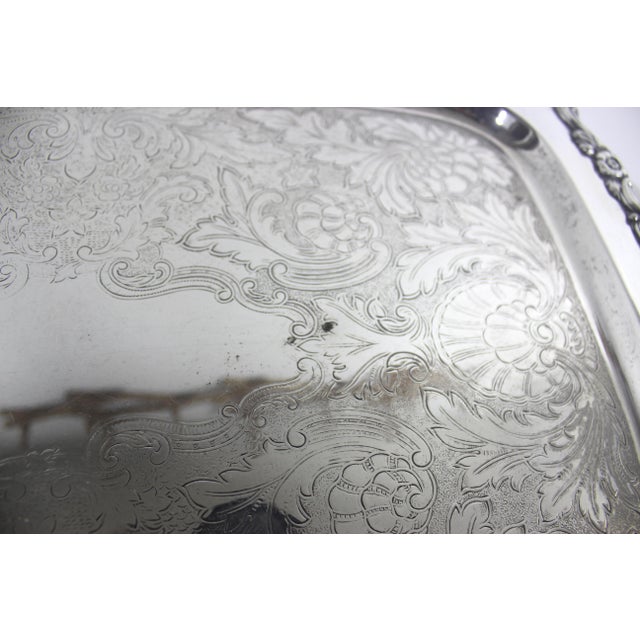Extra Large Butler’s Tray Silver Plated Rectangular Platter Vintage Plate Ornate Floral Handles Embossed Serving For Sale - Image 6 of 15