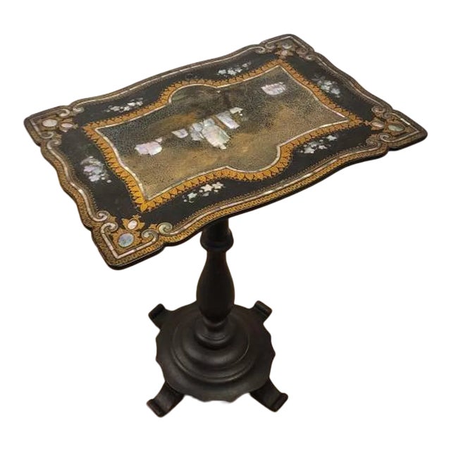19th Century Victorian Chinoiserie Japanned Mother of Pearl Ebonized Tilt-Top Side Table / Candle Stand For Sale