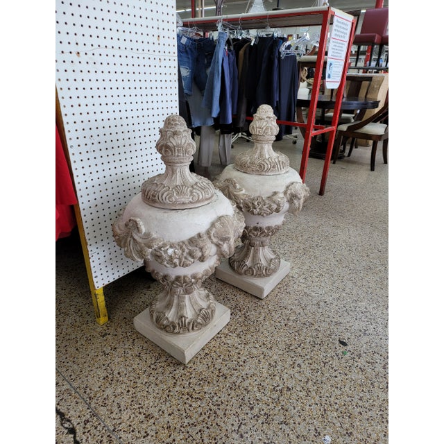Traditional Vintage Concrete Urns With Rams Heads & Garlands For Sale - Image 3 of 13