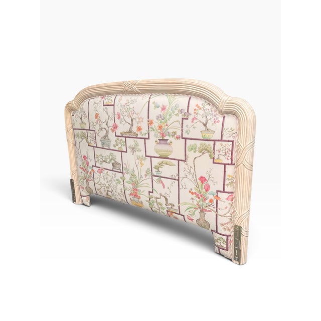 Wood Vintage King-Size Chinoiserie Silk Upholstered Headboard With Carved Frame For Sale - Image 7 of 16