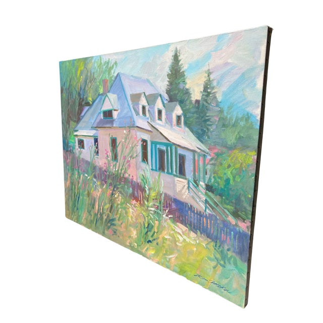 An impressionist acrylic painting of a pink cottage tucked behind a wildflower garden, painted with loose, confident...