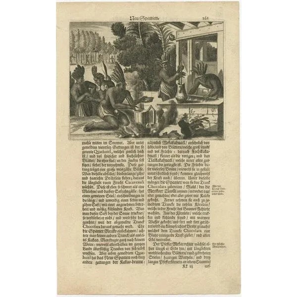 This original copper engraving depicts a lively scene of daily life in New Spain from Arnoldus Montanus' "Die Unbekannte...