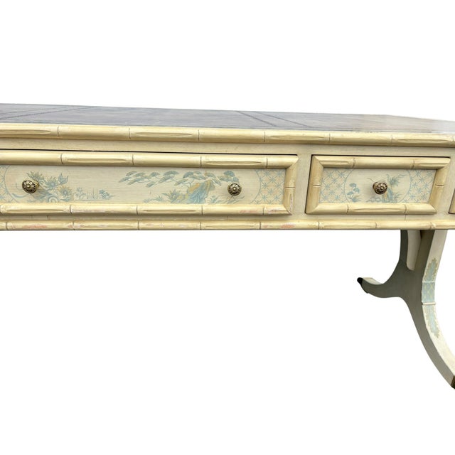 Faux Bamboo Blue and Creme Toile De Joy Chinoiserie Large Leather Top Executive Desk For Sale - Image 9 of 12