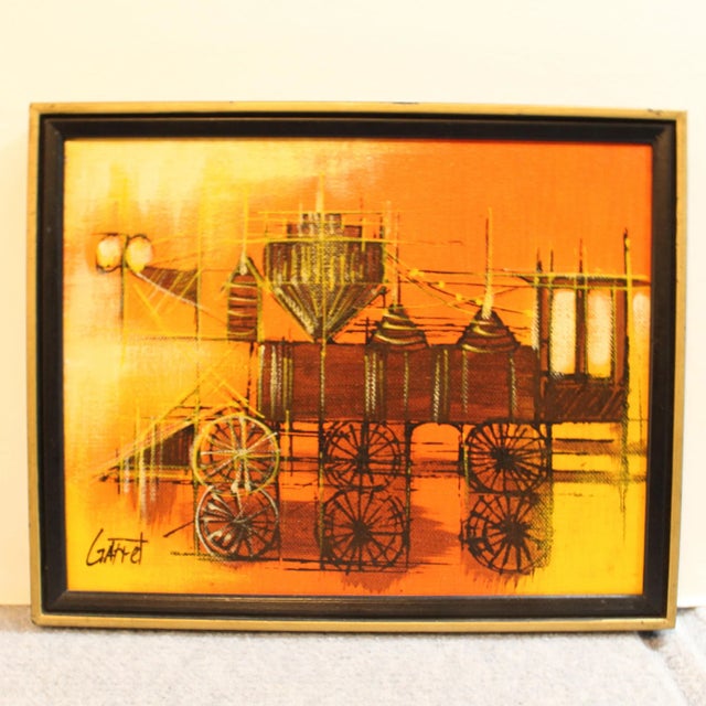 Original oil on canvas painting signed Garret features a modern stylized steam train engine in bright oranges and yellows...
