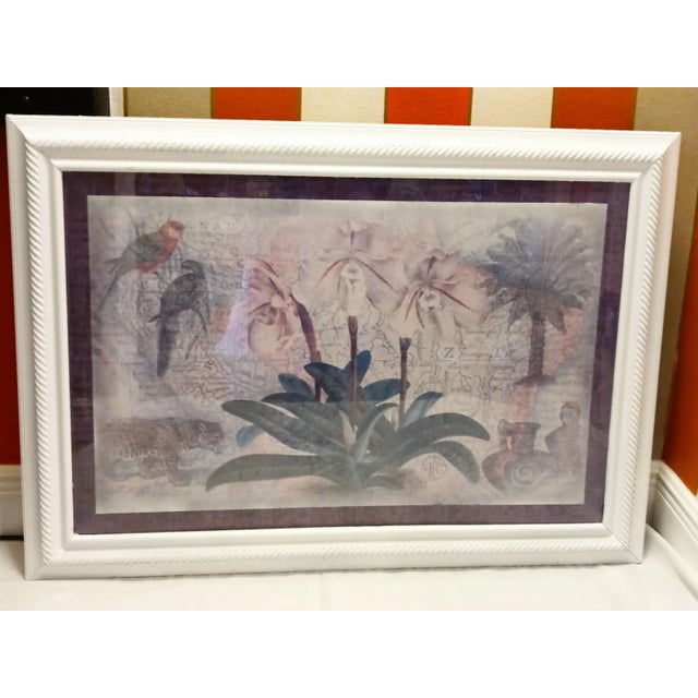 1990s Tropical Framed Bird Palm Floral Palm Beach Regency Purple Green Wall Art Print For Sale - Image 5 of 8