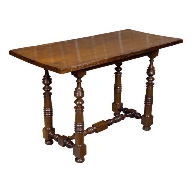 Italian 1800s Walnut Baroque Style Spool Table with H-Form Cross Stretcher For Sale