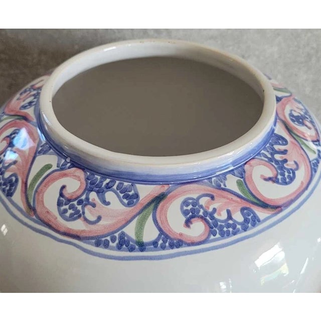 1990s Vintage MCM Portugal Pink Blue Floral Scrolls 14" Canister Ginger Jar For Sale - Image 5 of 6