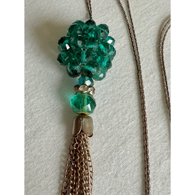Tiffany Blue Vintage Faceted Emerald Green Glass Pendant Tassle Necklace For Sale - Image 8 of 15