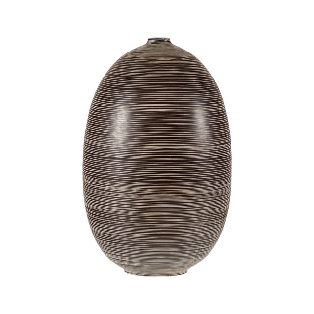 Brown Large Artisan Ceramic Vase with Fine Linear Decoration in Brown and Cream For Sale - Image 8 of 16