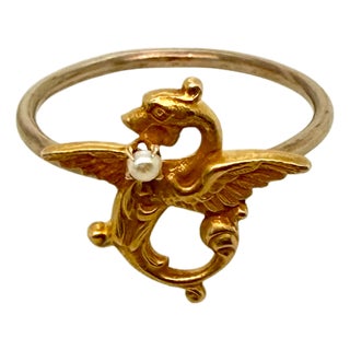 Mid 19th Century Victorian 14k Gold Griffin Ring With Seed Pearl – Conversion Jewelry, Size 7 For Sale