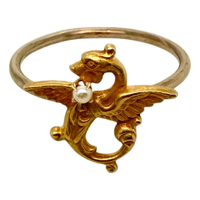 Mid 19th Century Victorian 14k Gold Griffin Ring With Seed Pearl – Conversion Jewelry, Size 7 For Sale