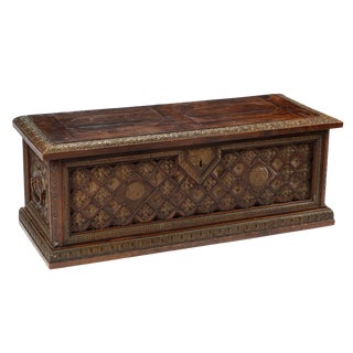 Antique Italian Walnut Carved and Brass Inlaid Cassone For Sale