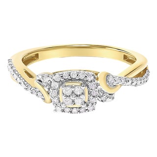 10K Yellow Gold Twisted Shank 1/10 Cttw Diamond Composite Halo Engagement Ring (I-J Color, I3 Clarity) - Size 6 For Sale