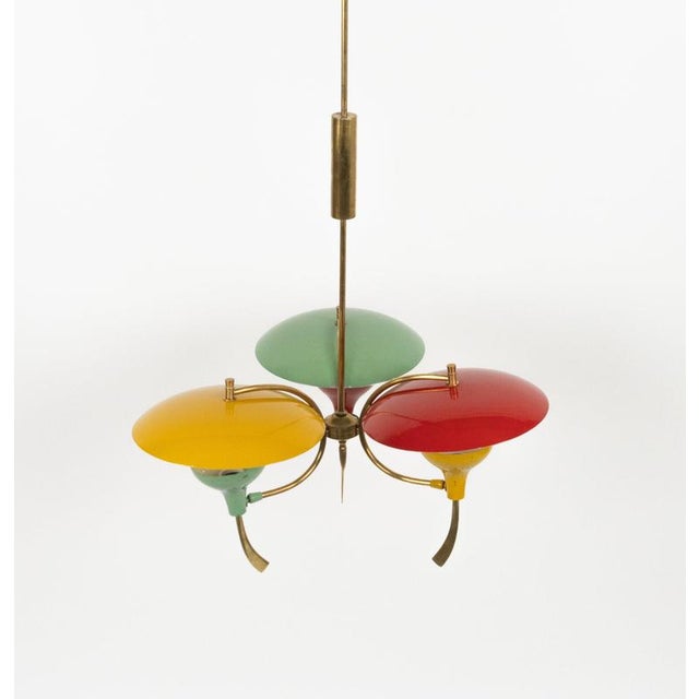 Mid-Century Chandelier in Enamel Metal and Brass in the style of Stilnovo, Italy, 1950s For Sale - Image 6 of 17