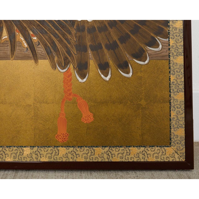 Japanese Showa Two Panel Screen Pair of Tethered Hawks For Sale - Image 11 of 12