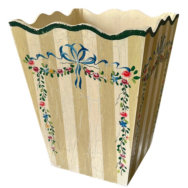 Bunny Williams Home Hand-Painted Wooden Wasetbasket With Romantic Floral Swags, Bows and Stripes by Jane Keltner For Sale - Image 4 of 11