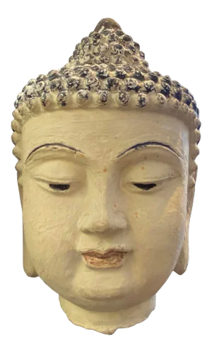 Chinese Oriental Distressed Beige Paint Metal Buddha Head Figure
