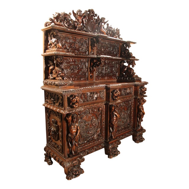 Renaissance-Style Walnut Castle Sideboard, 19th Century For Sale