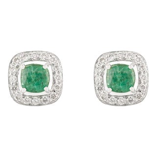 2.63 Ct Cushion Cut Emerald and Diamond Halo Stud Earrings- 2 Pieces For Sale