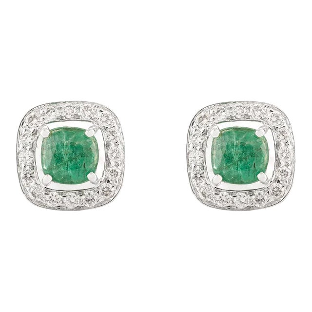 2.63 Ct Cushion Cut Emerald and Diamond Halo Stud Earrings- 2 Pieces For Sale