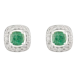 2.63 Ct Cushion Cut Emerald and Diamond Halo Stud Earrings- 2 Pieces