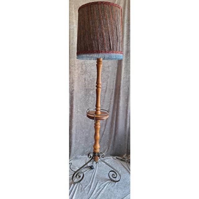 1960s Vintage Floor Lamp with Oak Column, Black Metal Legs and Fabric Shade by Lamplove, 1960s For Sale - Image 5 of 7