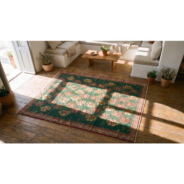 Textile 1930s Green Geometric Tribal Antique Indian Agra Rug 5'10" X 8'6" Hand Knotted Wool Carpet For Sale - Image 7 of 8