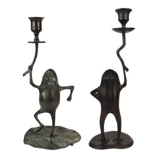 Vintage Bronze Brass Standing Frog Lilli Pad Single Candle Holder Accent - 2 Pieces For Sale