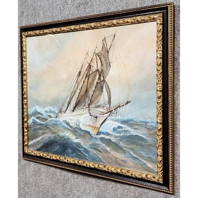 Frederick R. Wagner, Sailboat on a Stormy Sea, 1800s, Watercolor on Paper, Framed For Sale - Image 3 of 7