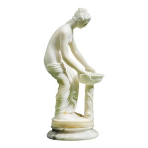 Graceful Neoclassical Semi Nude Woman at Fountain Antique White Marble Statue Sculpture Home Decor