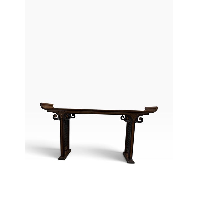 Asian Vintage Chinese Ming Style Hardwood Altar Console Table With Brass Studs & Fretwork For Sale - Image 3 of 15