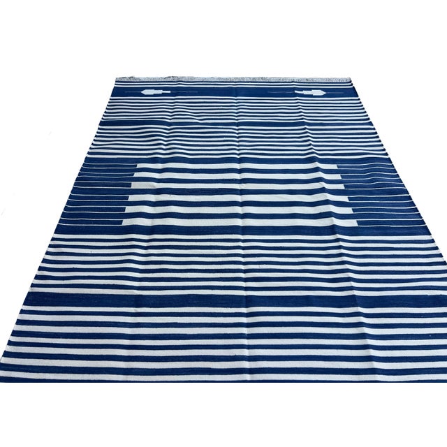 Handmade Denim Blue and White Cotton Vegetable Dyed Striped Rug - 10'x14' For Sale - Image 9 of 11
