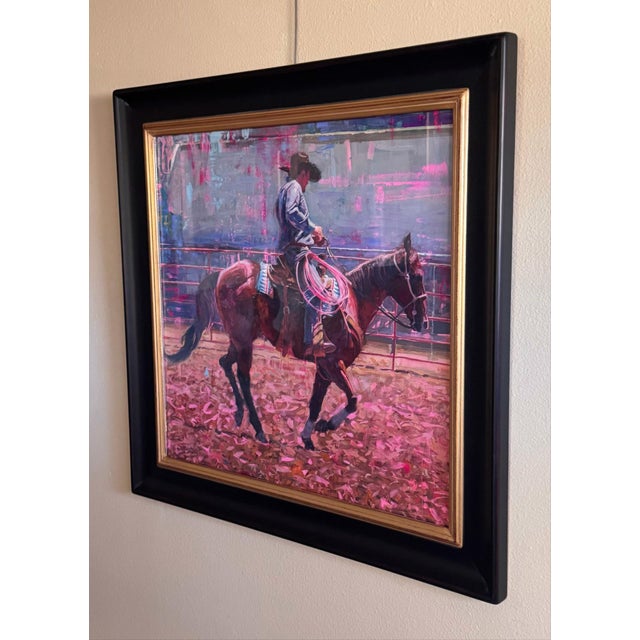 Contemporary Pink Rope by Jeff Slemons | Gouache On Illustration Board Horseback rider preparing to rope. For Sale - Image 3 of 3