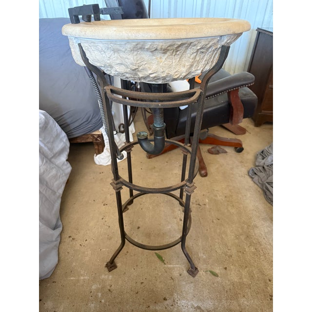 Artisan Chiseled Travertine Stone Vessel Sink on Hand-Forged Wrought Iron Pedestal For Sale - Image 9 of 9