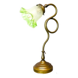 Art Nouveau Whiplash Curve Brass Tulip and Green Glass Table Lamp, 1950s For Sale