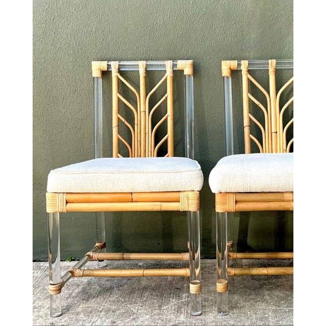 Hollywood Regency Selamat Rattan and Lucite Side Chairs - Pair For Sale - Image 3 of 12