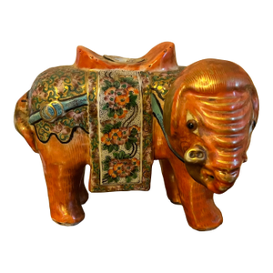 Antique 19th Century Chinese Export Porcelain Elephant Candlestick or Joss Stick Holder in Iron Red Famille Rose Glaze