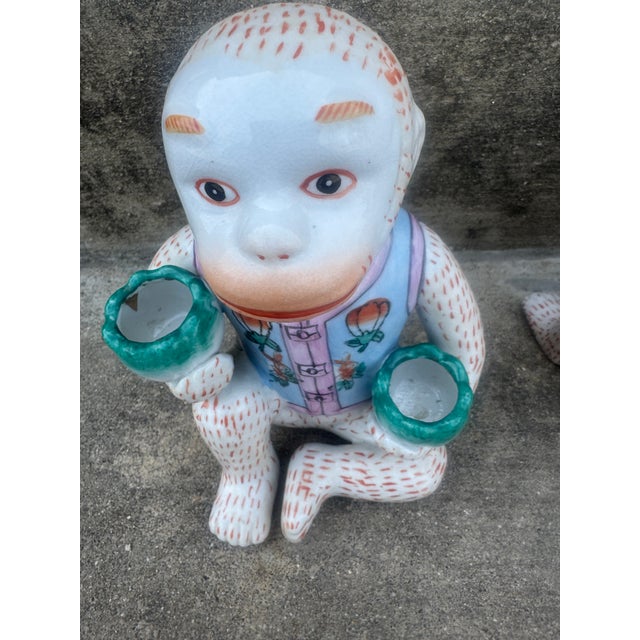 Ceramic Vintage Chinoiserie Ceramic Seated Monkey Candleholders - A Pair For Sale - Image 7 of 9