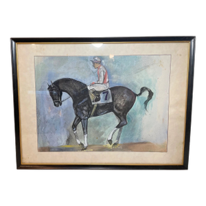 Share Vintage Original Figural Jockey Horse Racing Track Mixed Media Painting Drawing