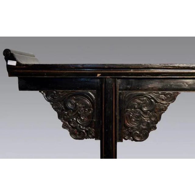 Mid 19th Century Antique Black Lacquer Console Table With Carved Details From China, Circa 1800s For Sale - Image 5 of 7