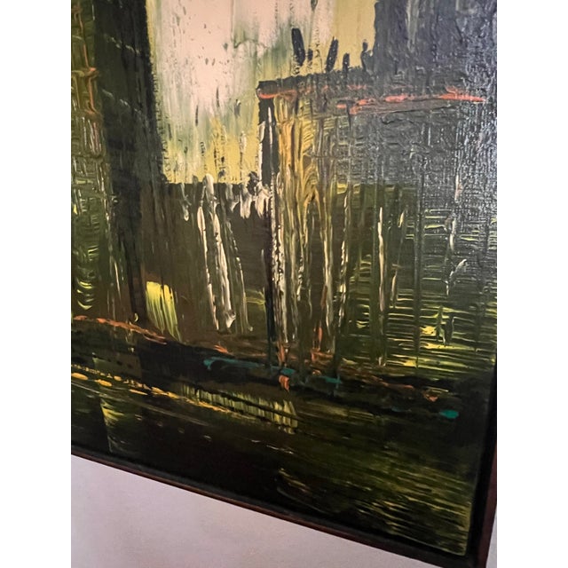 1960s Vintage Lee Reynolds Cityscape Painting Mid Century Modern | Abstract Yellow Green Impasto Oil Canvas MCM Wall Art | Vanguard Studios Signed For Sale - Image 5 of 9