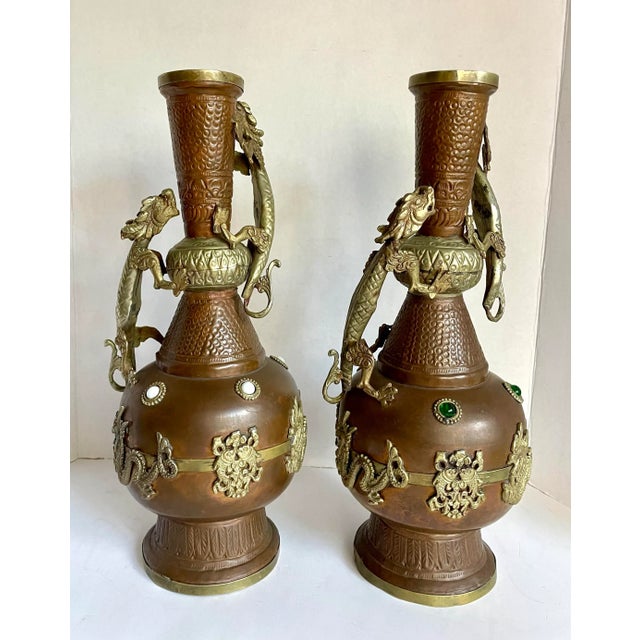 Metal Pair of Antique Asian Tibetan Copper Brass Dragon Vases For Sale - Image 7 of 12